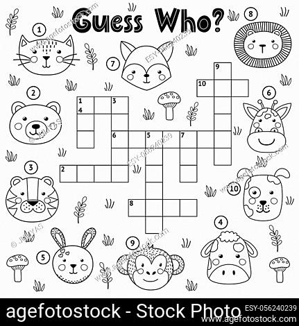 Guess who black and white crossword for kids coloring page with cute animals stock vector vector and low budget royalty free image pic esy