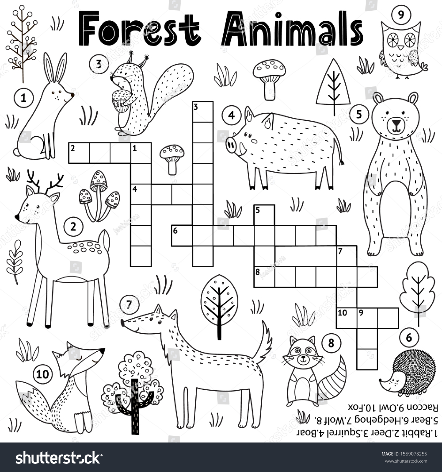 Black white crossword kids forest animals stock vector royalty free