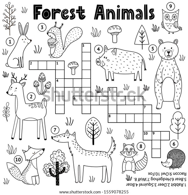 Black white crossword kids forest animals stock vector royalty free