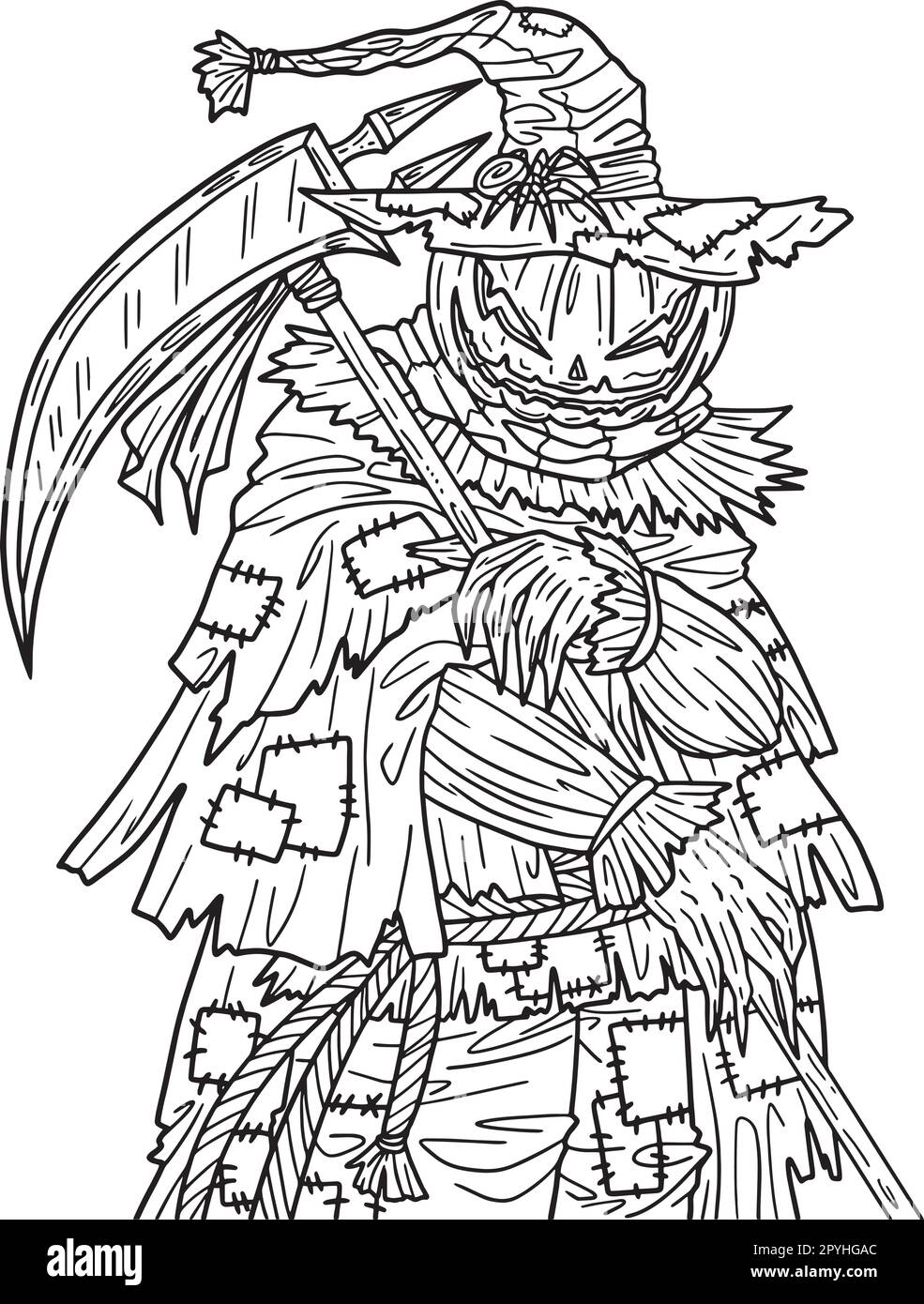 Halloween scarecrow scythe isolated coloring page stock vector image art