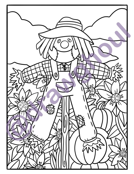 Scarecrow coloring page autumn coloring page fall coloring page pumpkin coloring page digital download