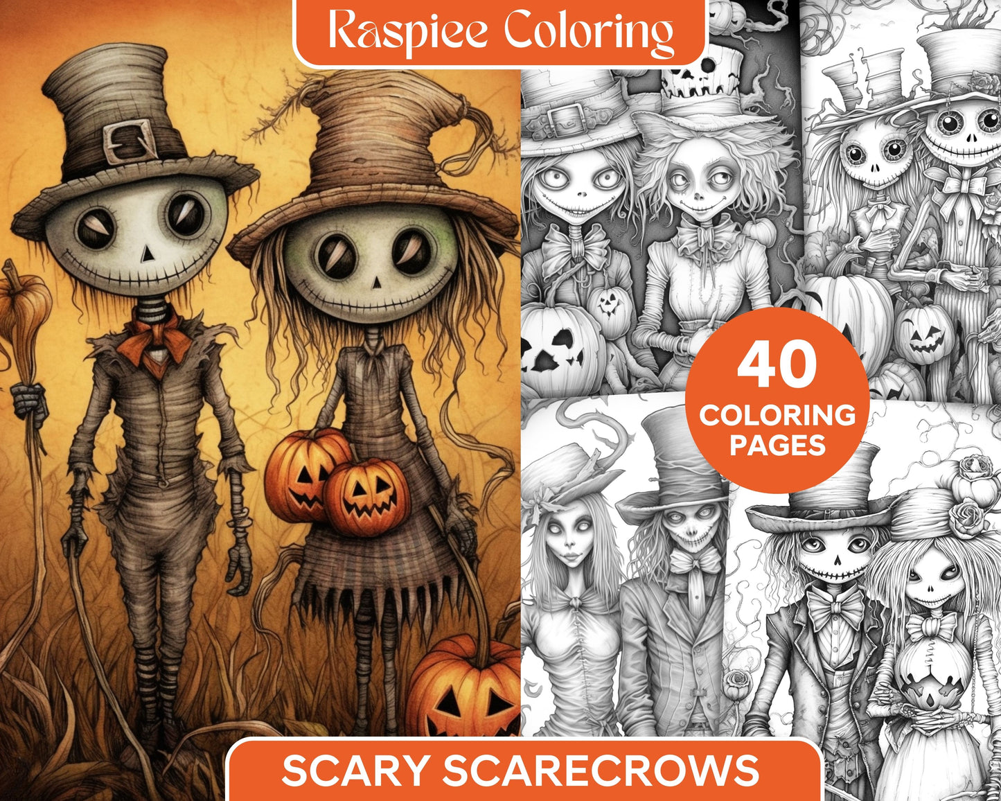 Scary scarecrows grayscale coloring pages printable for adults hal â coloring