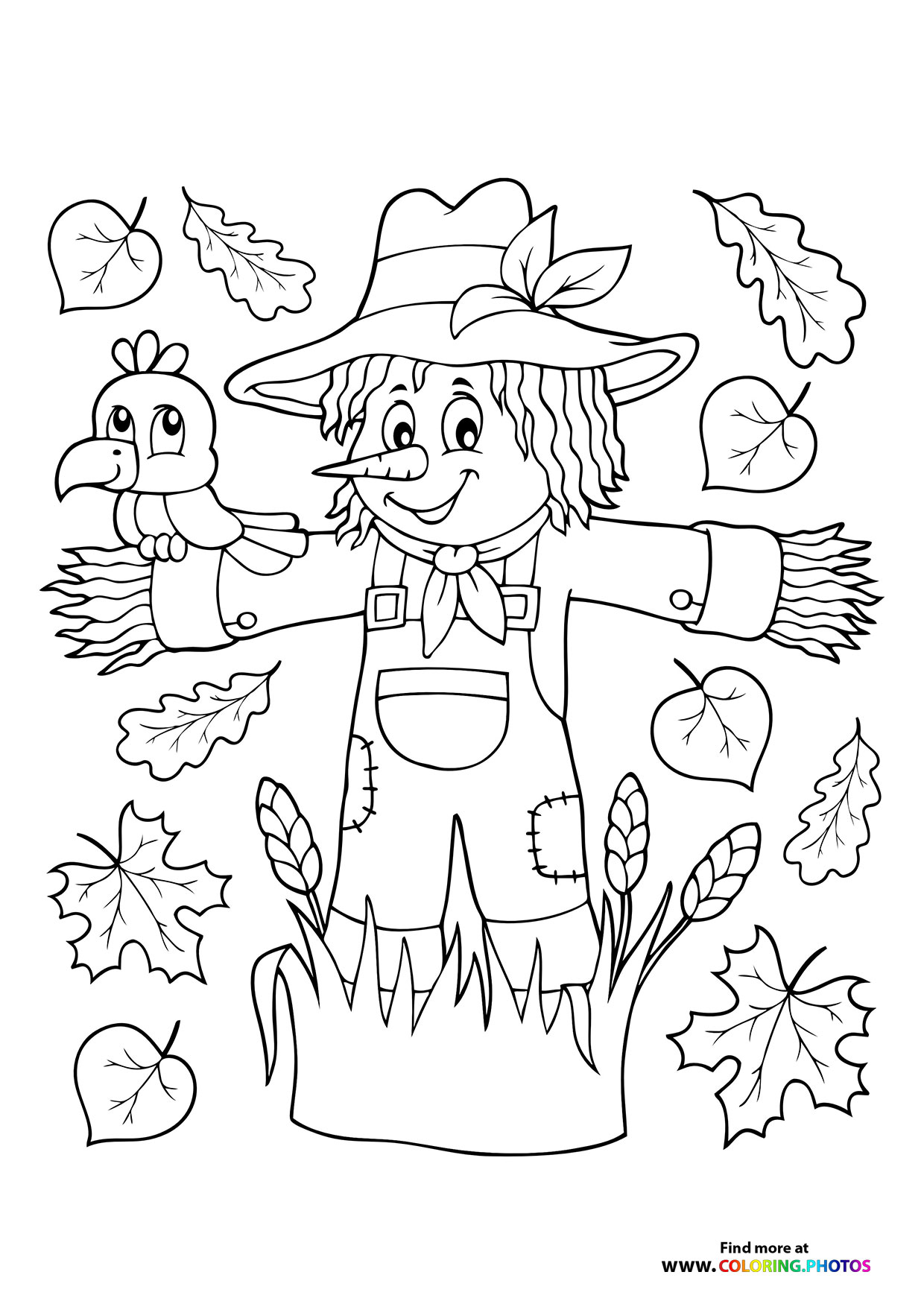 Autumn scarecrow with a crow