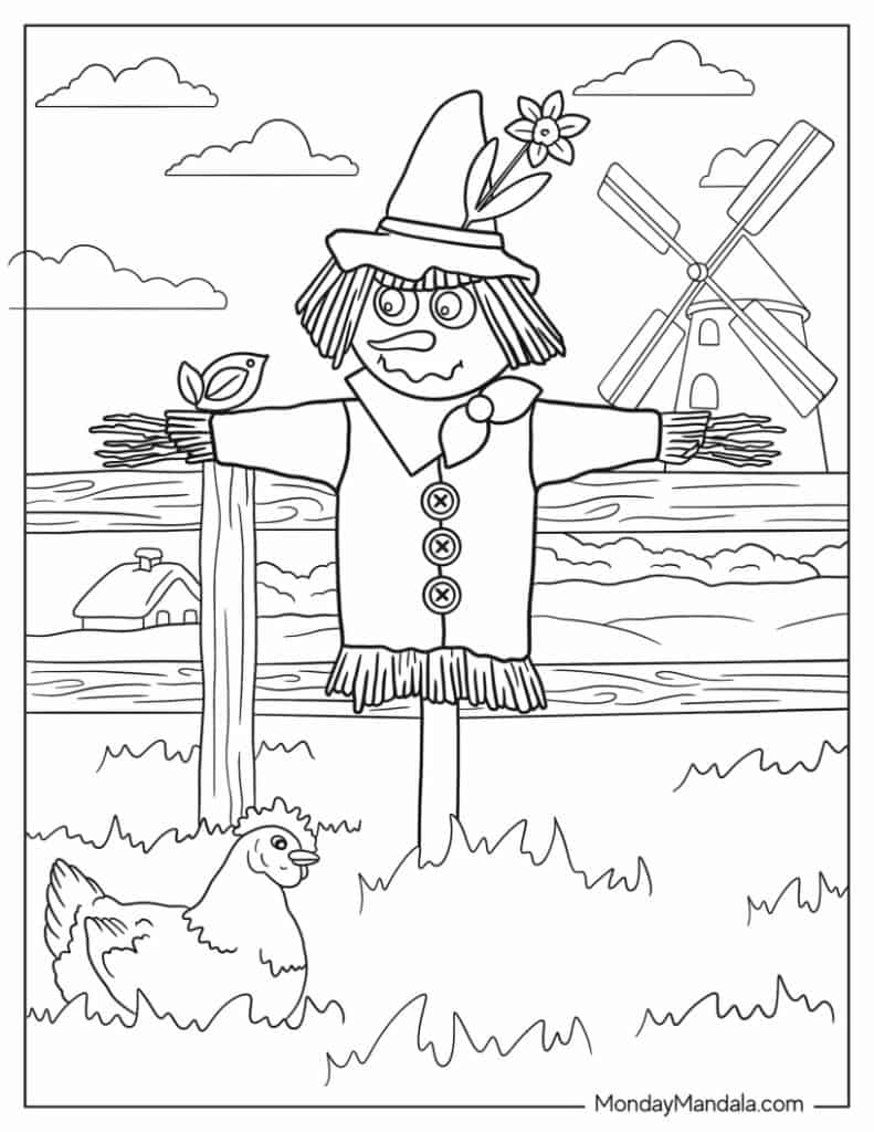 Scarecrow coloring pages free pdf printables