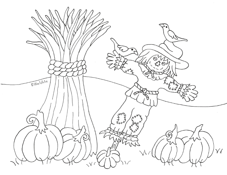 Pumpkin patch scarecrow coloring page â wee folk art