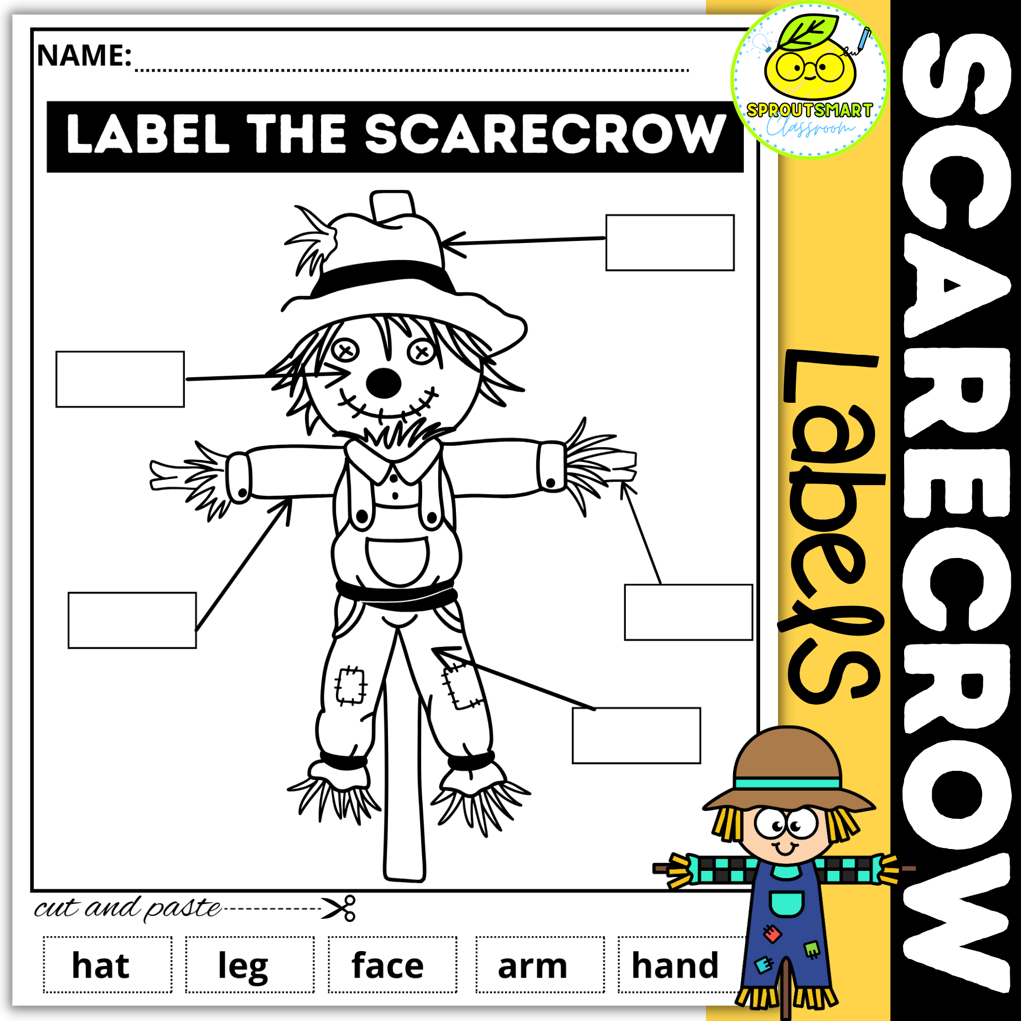 Autumn scarecrow labels scarecrow colorwritecut and paste activities made by teachers