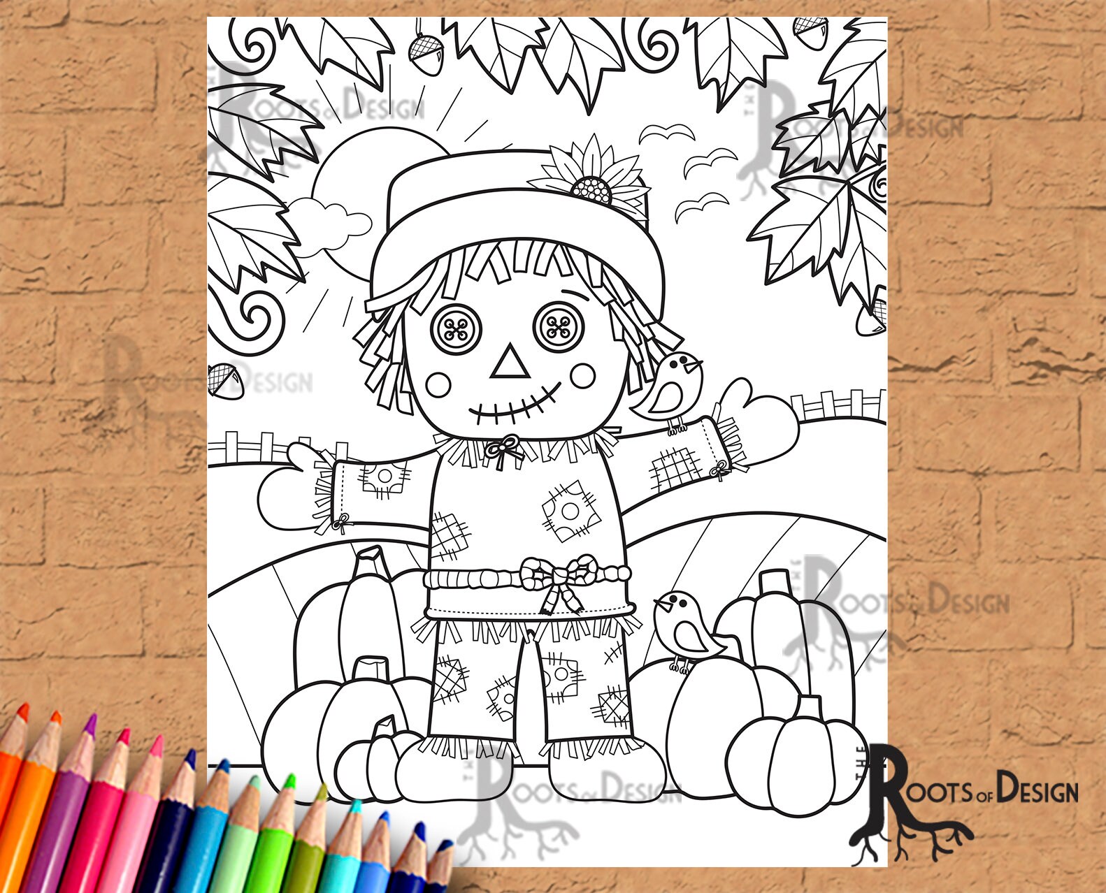 Instant download scarecrow coloring page print doodle art printable