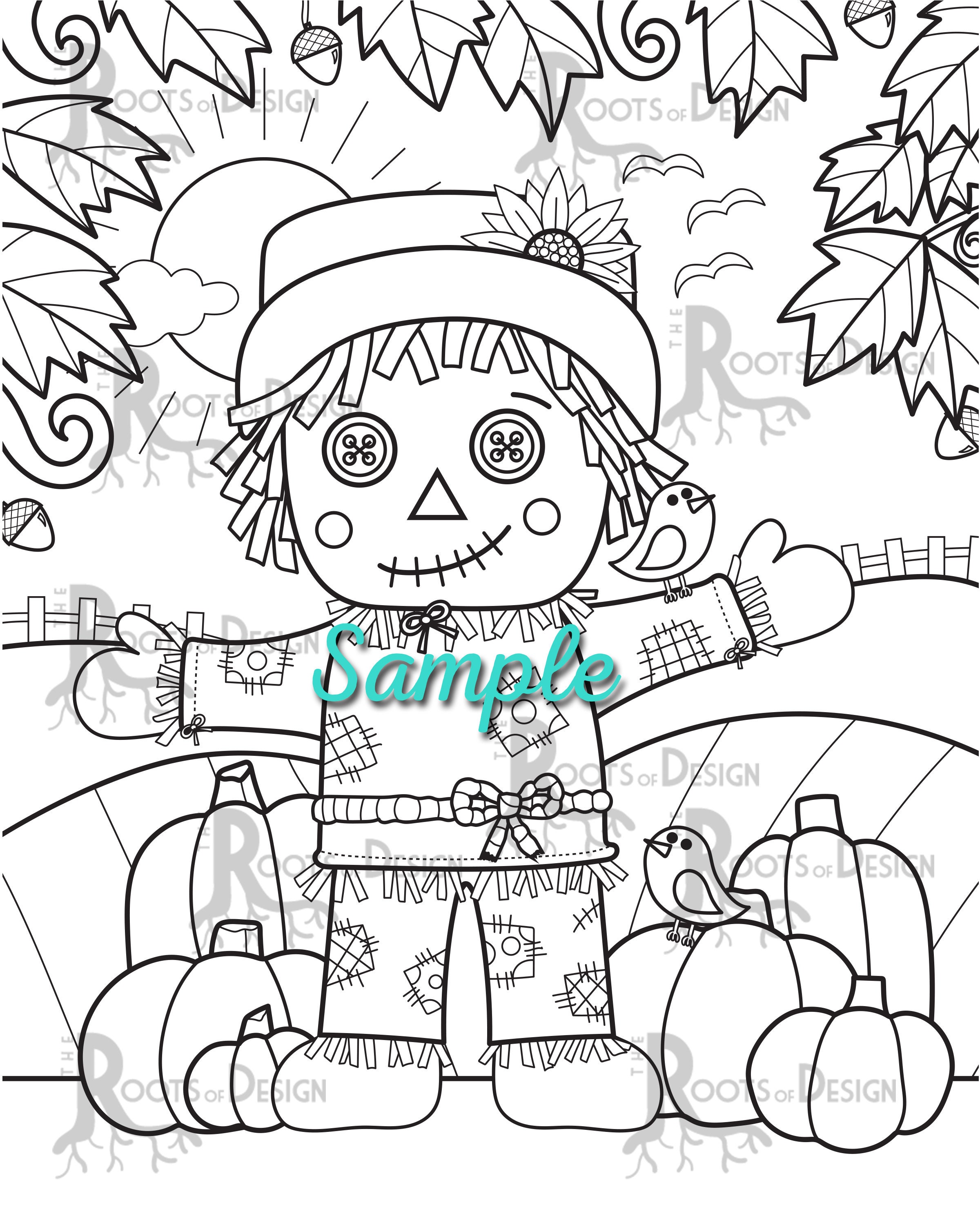 Instant download scarecrow coloring page print doodle art printable