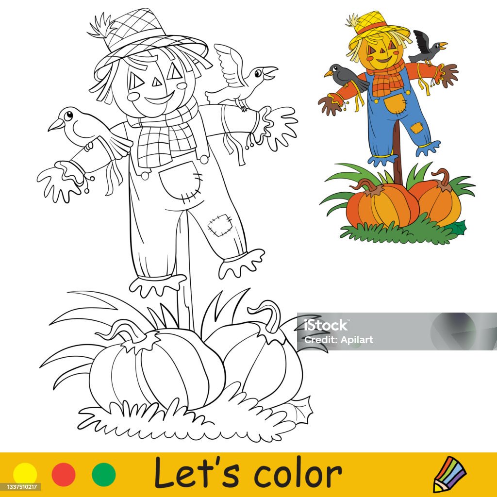 Coloring with template halloween scarecrow and crows stock illustration