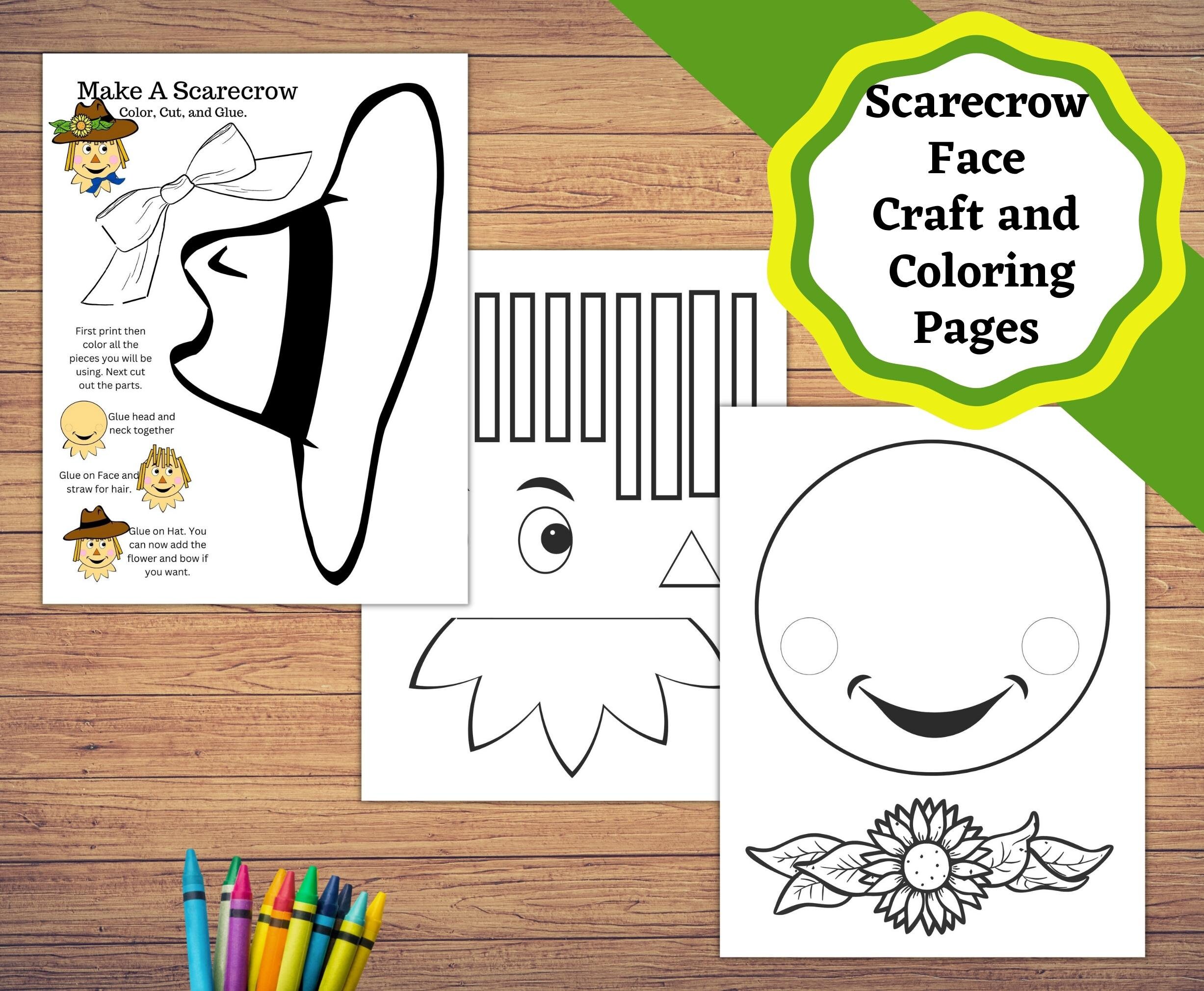 Scarecrow face fall printable craft easy classroom craft printable with a colored and colorable scarecrow plus coloring pages download now