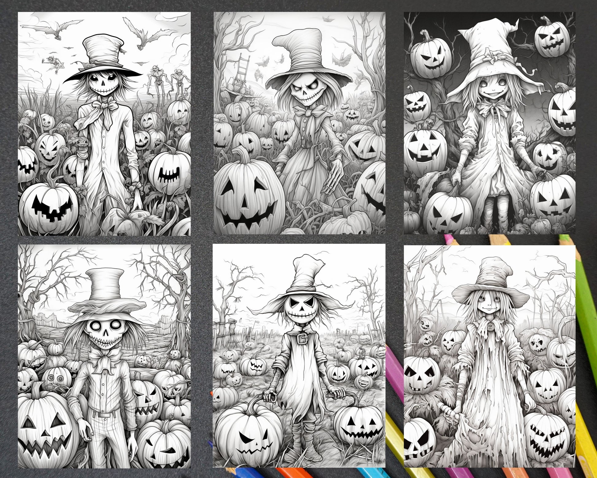 Halloween scarecrows grayscale coloring pages printable for adults â coloring