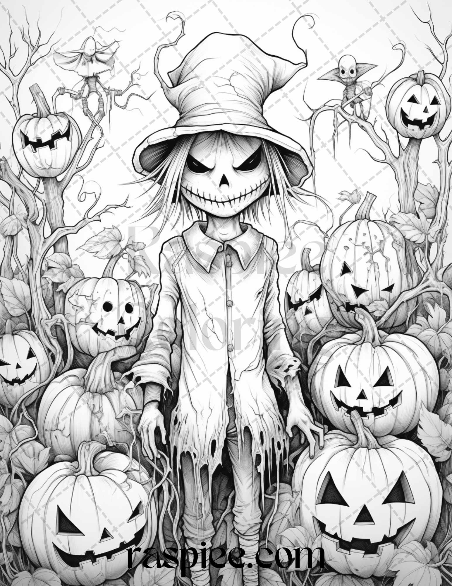 Halloween scarecrows grayscale coloring pages printable for adults â coloring