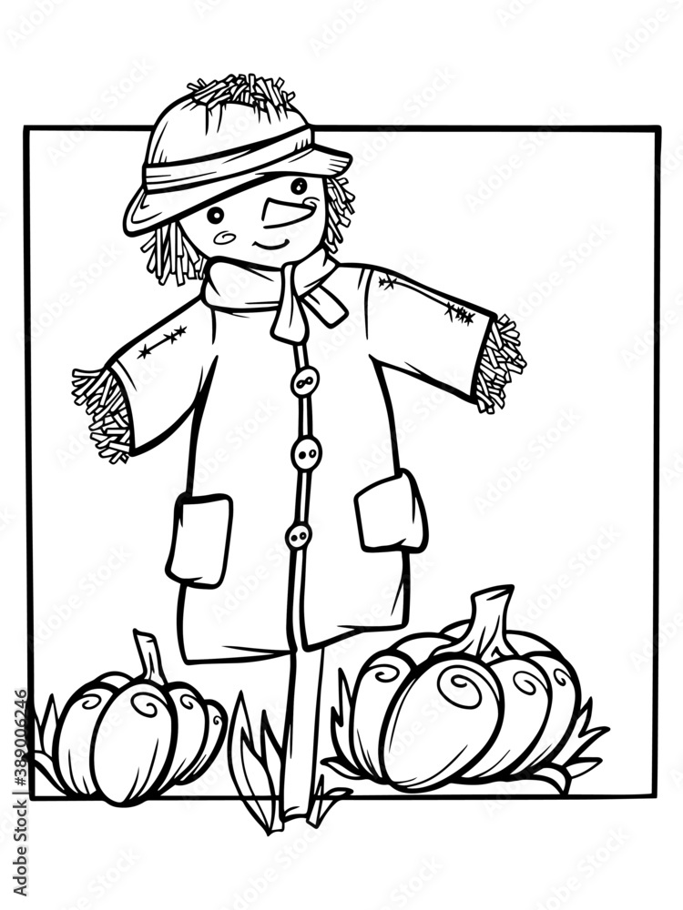 Vektorovã grafika âstraw scarecrow on a field of pumpkins coloring book outline illustration vector for kids print sketch doodle hand drawing halloween isolate on a white backgroundâ ze sluåby