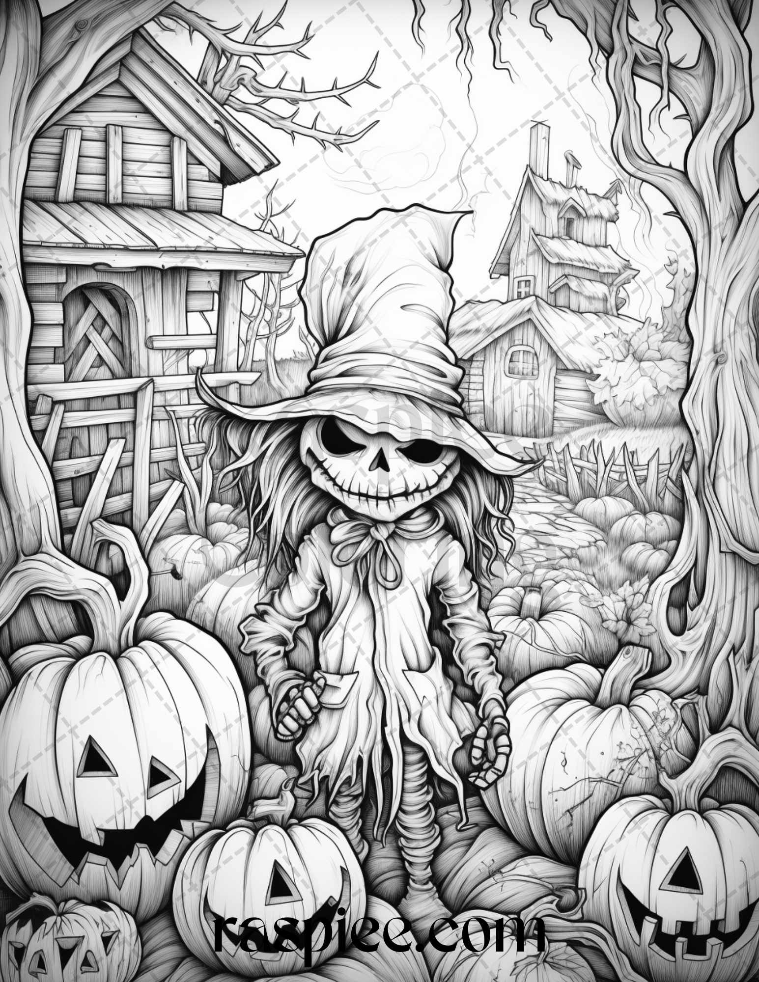 Halloween scarecrows grayscale coloring pages printable for adults â coloring