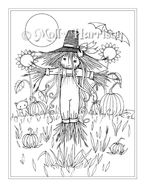 Whimsical scarecrow instant download printable halloween fantasy molly harrison art coloring page jpg x