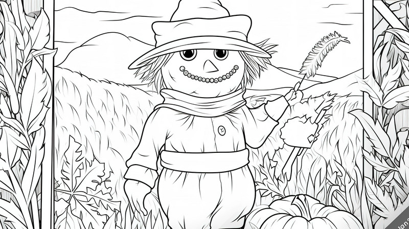 Pumpkin scarecrow in a field with pumpkins coloring pages backgrounds jpg free download