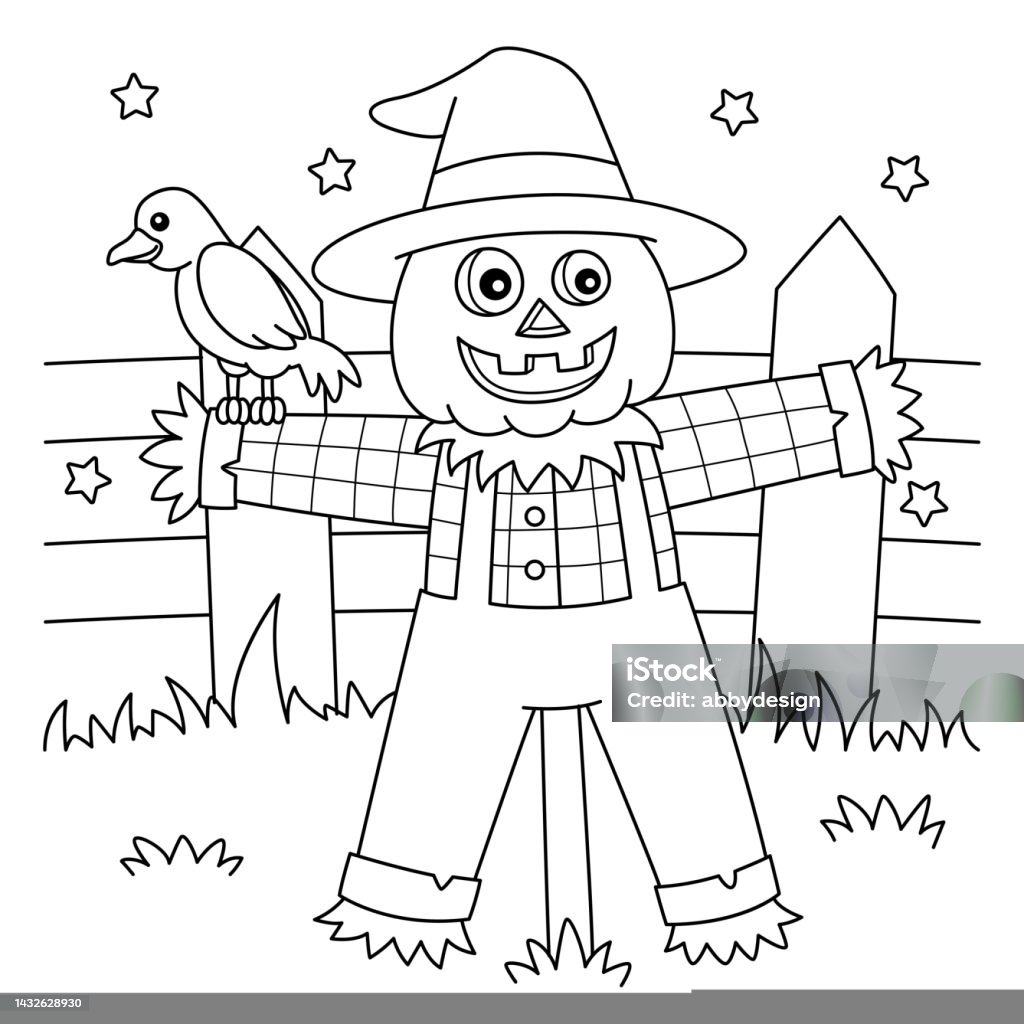 Scarecrow halloween coloring page for kids stock illustration