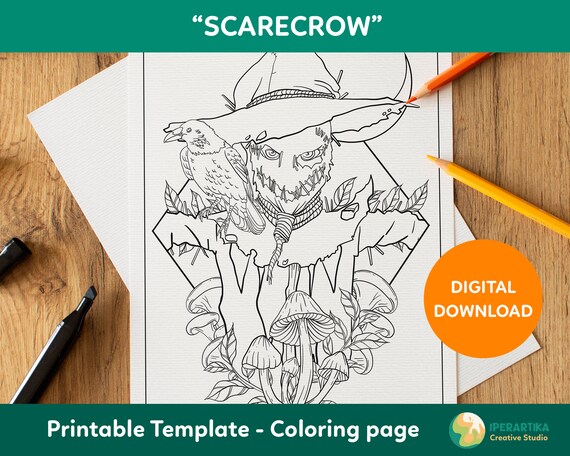 Scarecrow coloring page printable halloween coloring pages coloring sheets digital download coloring for adults coloring page pdf