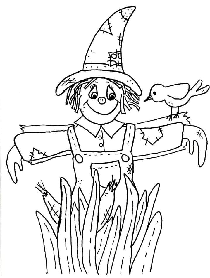 Scarecrow and a bird coloring page