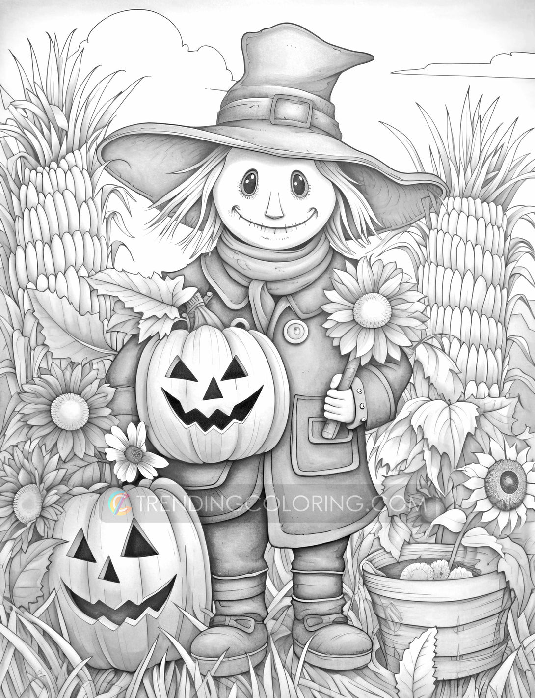 Scarecrows adventure grayscale coloring pages