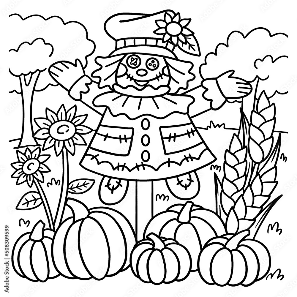 Thanksgiving scarecrow coloring page for kids vector