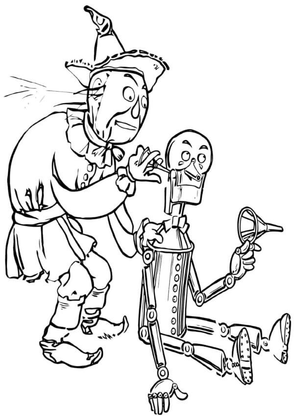 Scarecrow fixing the tin woodman coloring page