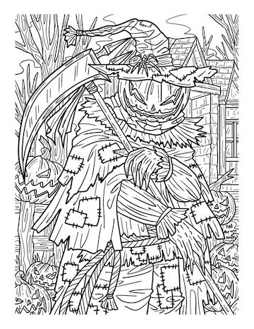 Premium vector halloween scarecrow scythe adults coloring page