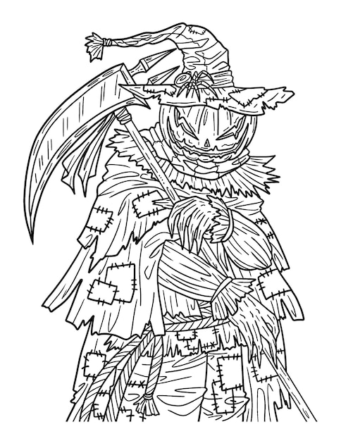 Premium vector halloween scarecrow scythe isolated coloring page