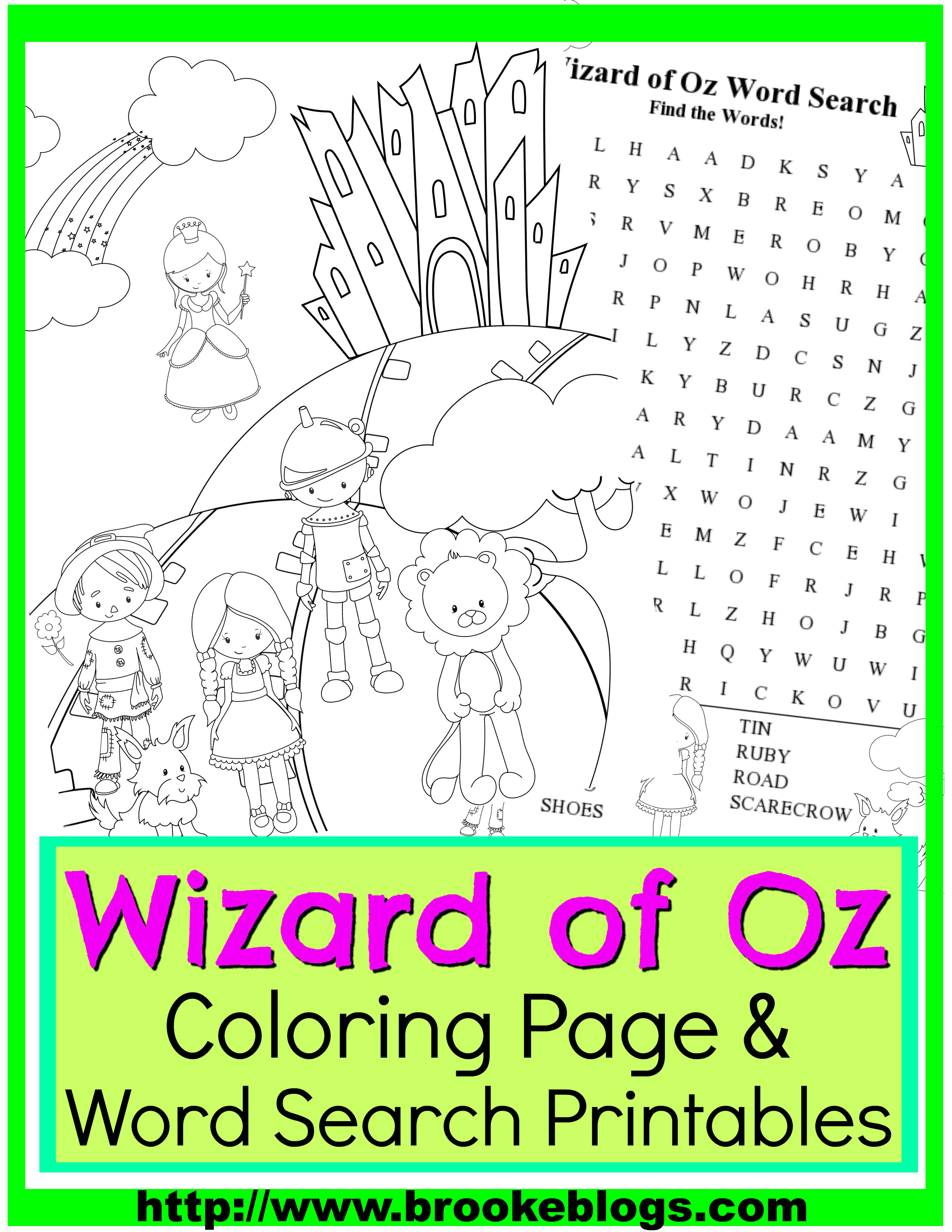 The wizard of oz coloring page word search