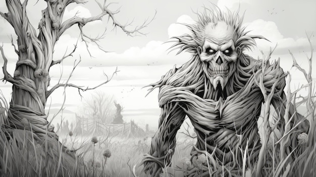 Premium ai image detailed black and white scarecrow coloring page for the wizard of oz fans