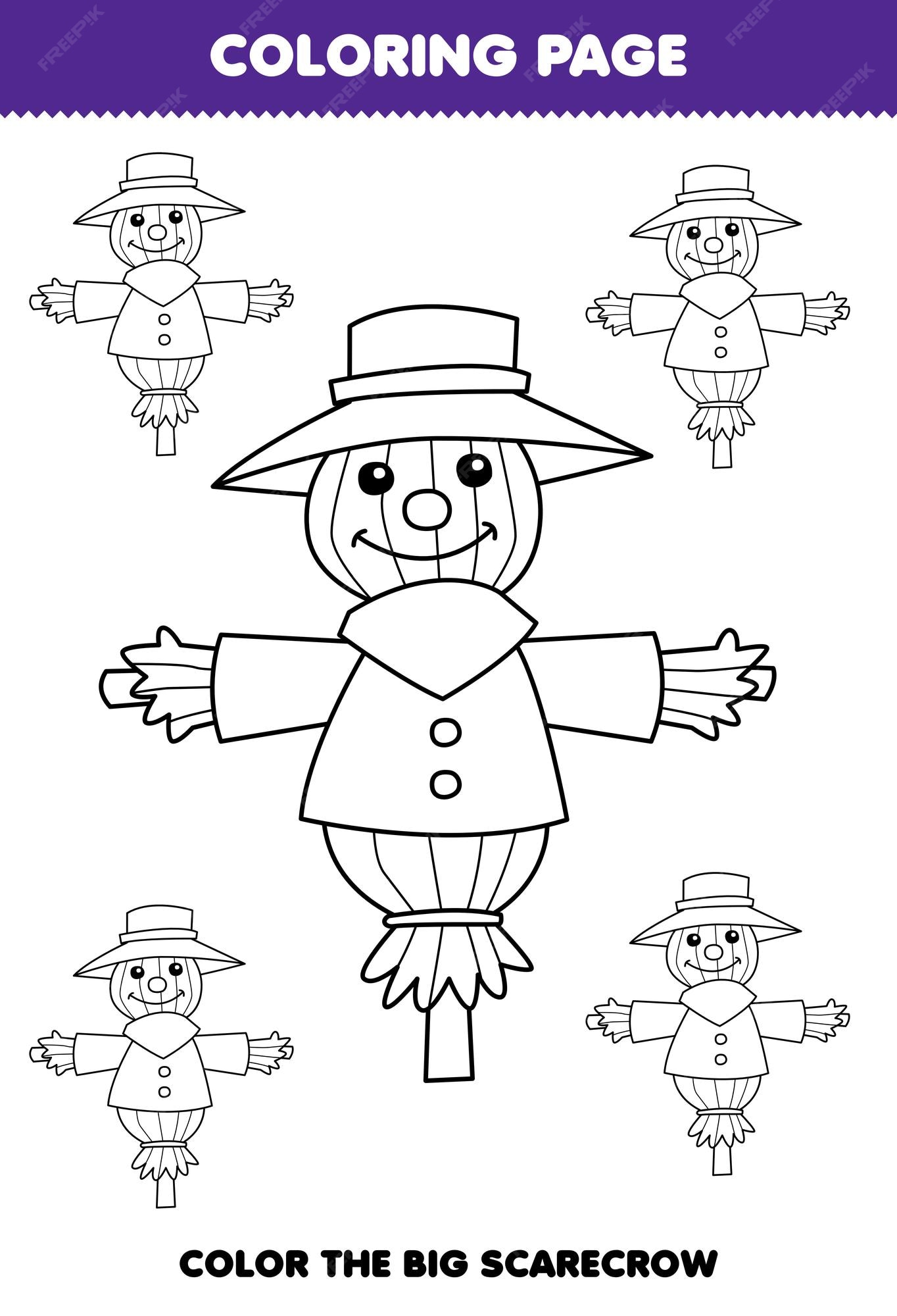 Premium vector education game for children coloring page big or small picture of cute cartoon scarecrow line art printable farm worksheet