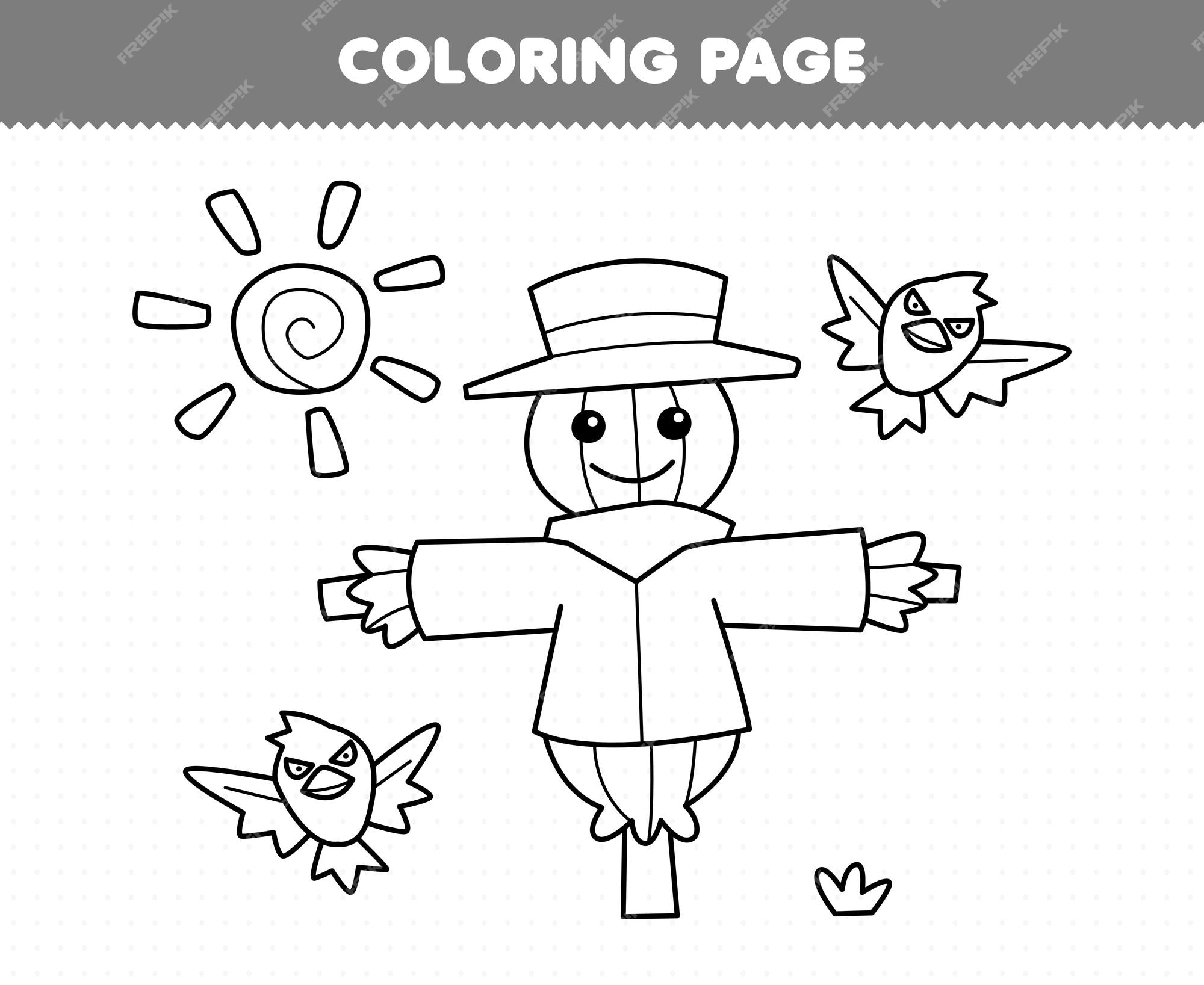 Premium vector education game for children coloring page of cute cartoon scarecrow and sun line art printable farm worksheet