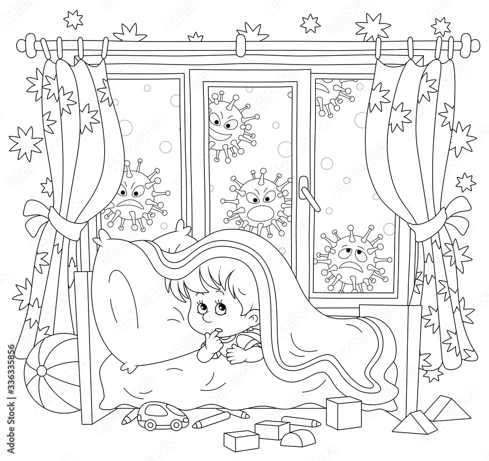 Scared little boy hiding from malicious viruses under a blanket in his bed in a nursery room black and white outlined vector cartoon illustration for a coloring book page vector