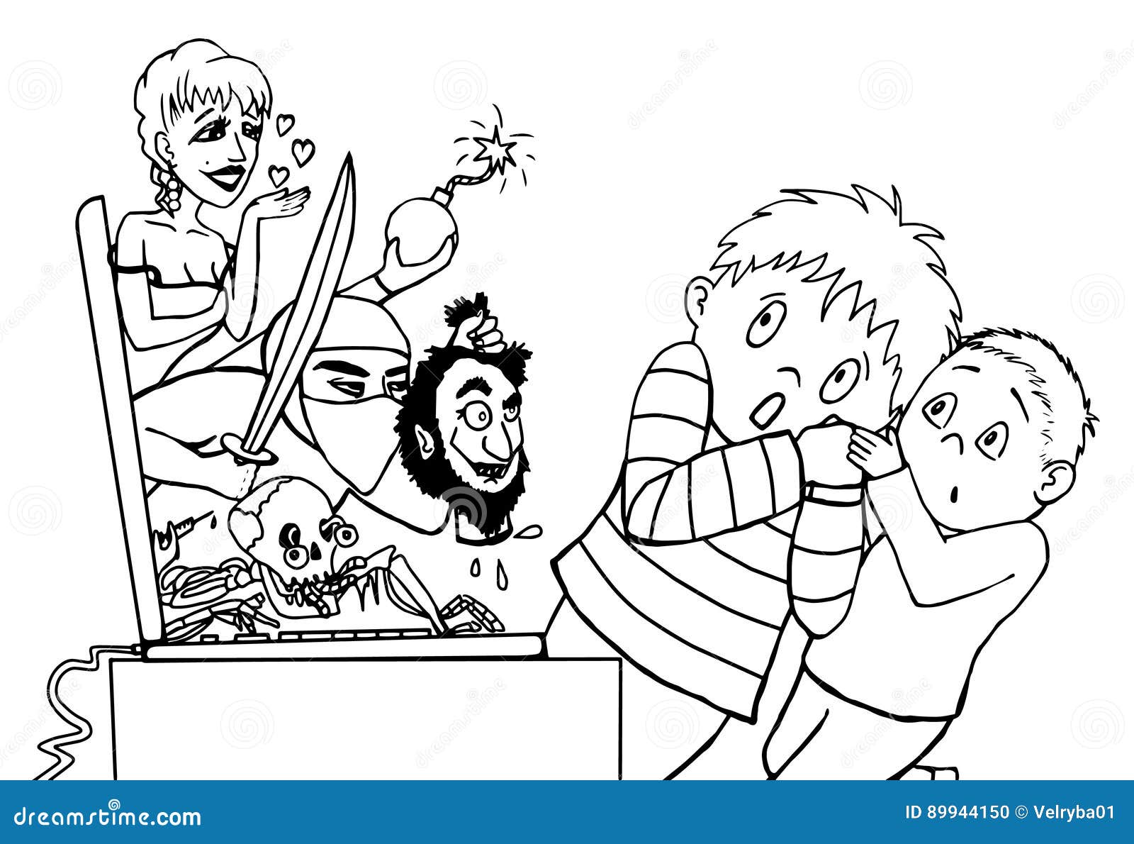 Little kids scared by internet lineart stock illustration