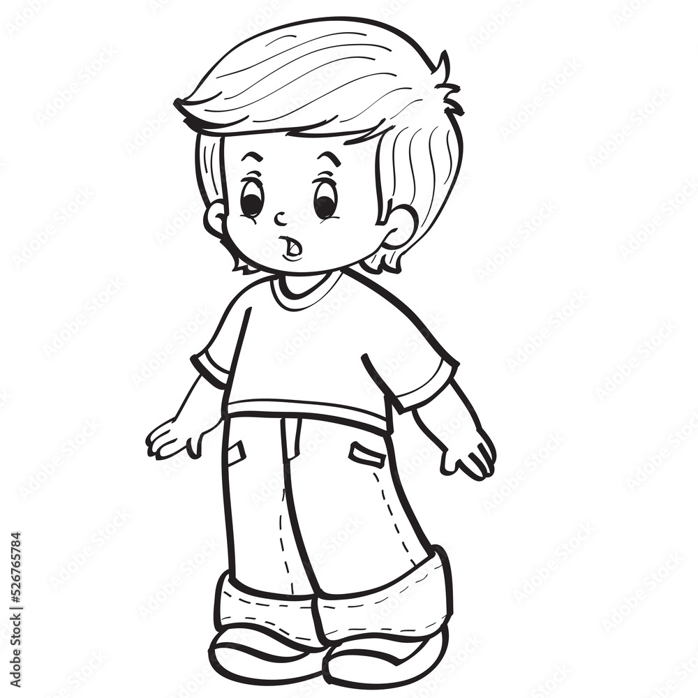 Sketch scared boy standing alone coloring book cartoon illustration isolated object on white background vector vector