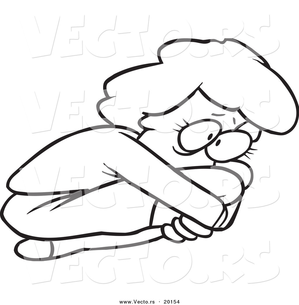 R of a cartoon scared woman curled up in a fetal position