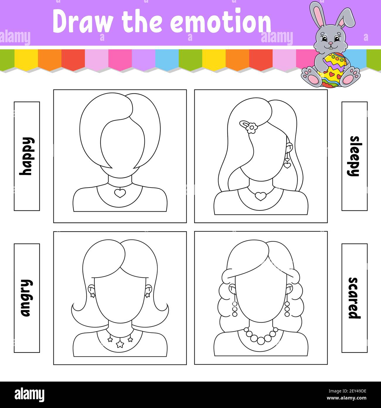 Draw the emotion worksheet plete the face coloring book for kids cheerful character vector illustration black contour silhouette isolated on stock vector image art