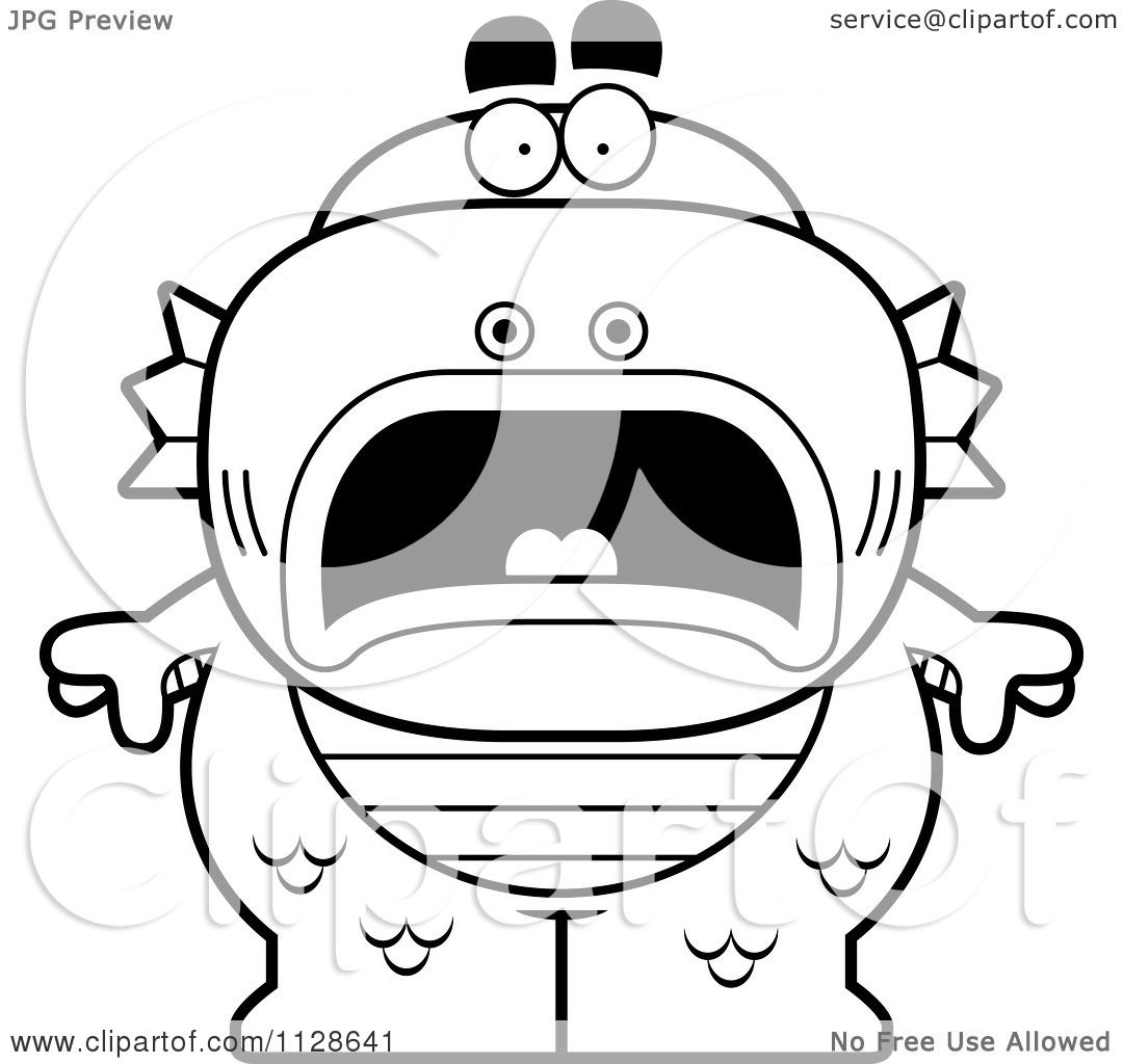 Cartoon clipart of an outlined scared fish man monster