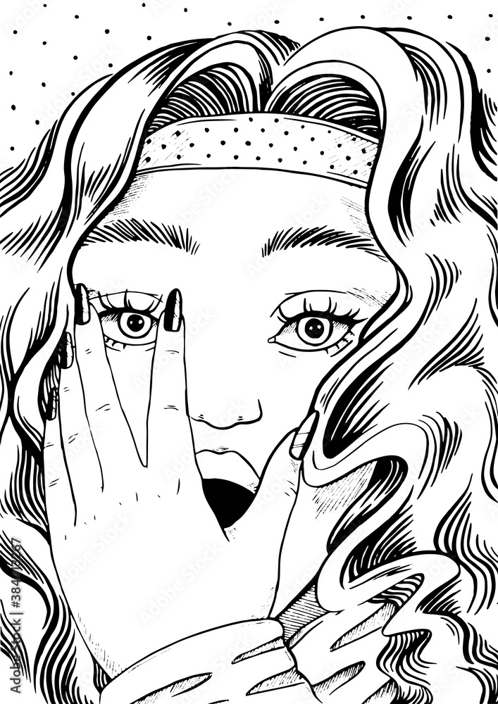 Scared woman face with hand closing open mouth black and white line art in pop art retro ic style vector