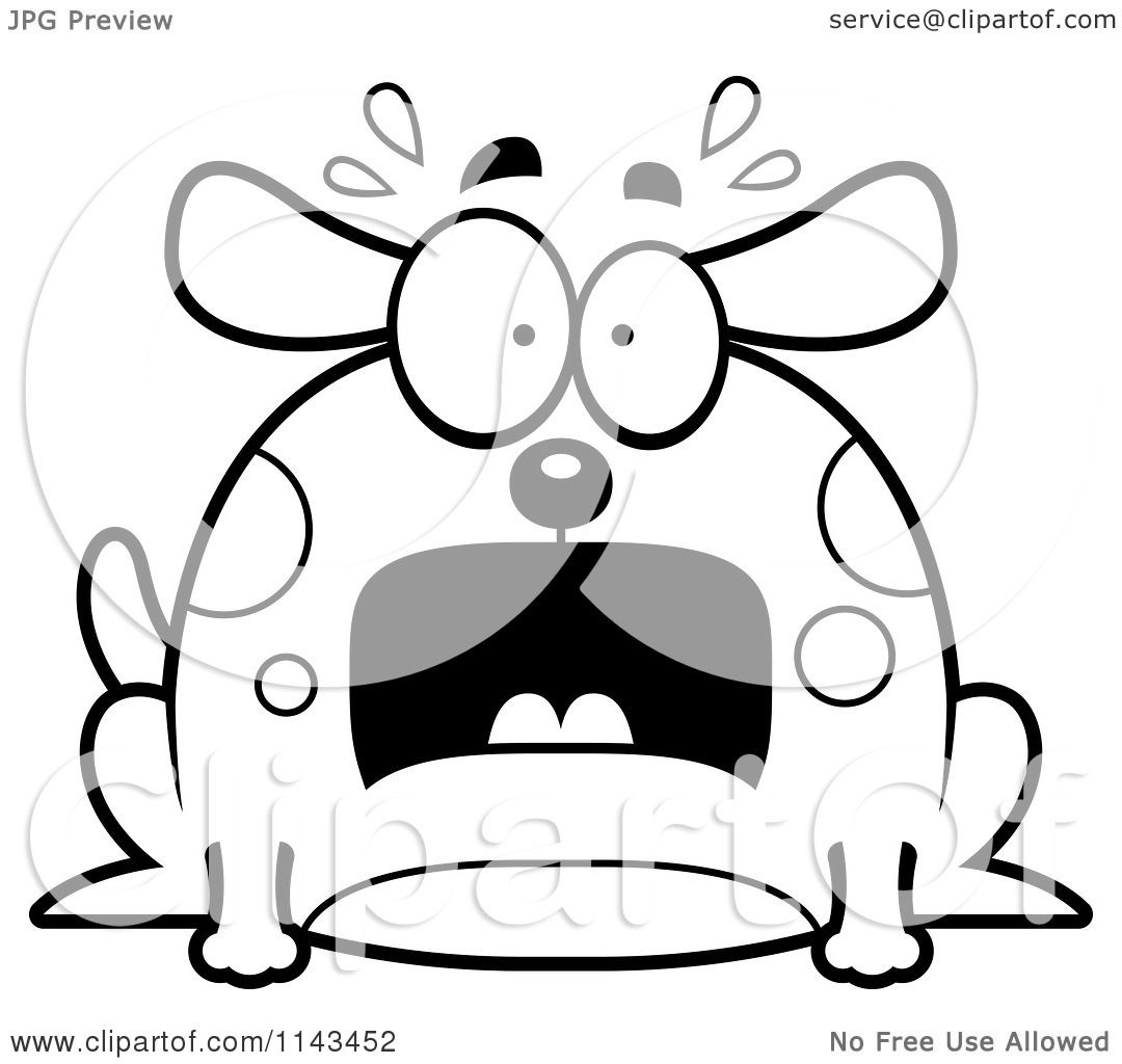 Cartoon clipart of a black and white chubby scared dog