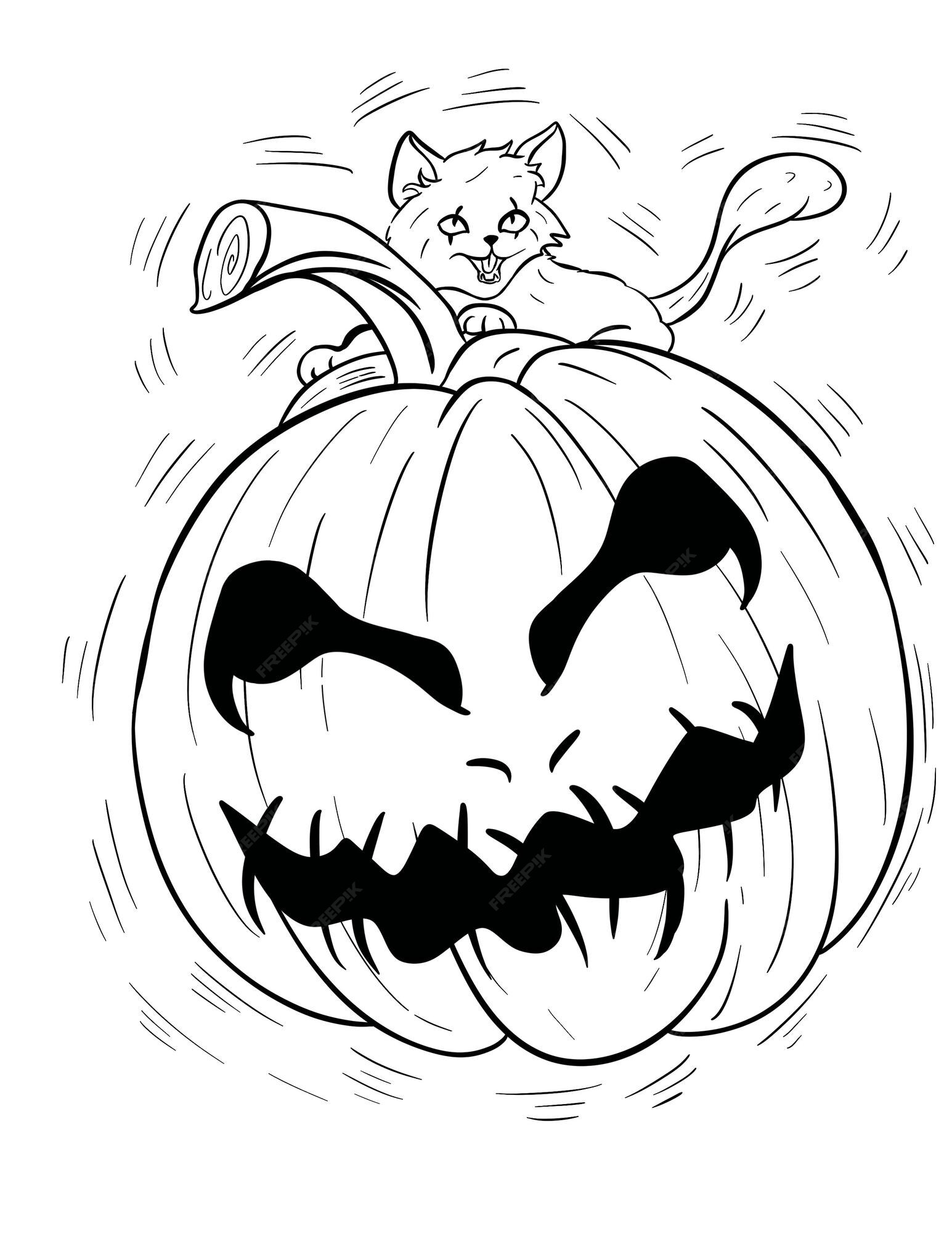 Premium vector cat and pumpkin coloring page