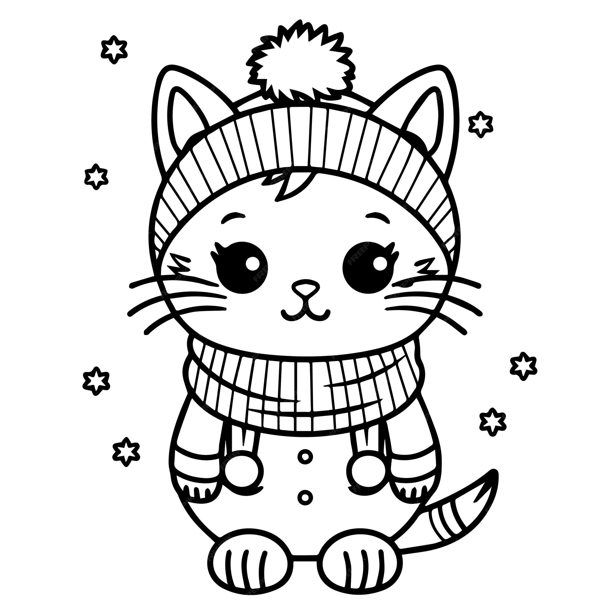 Premium vector a cartoon cat wearing a hat and scarf coloring page for kids