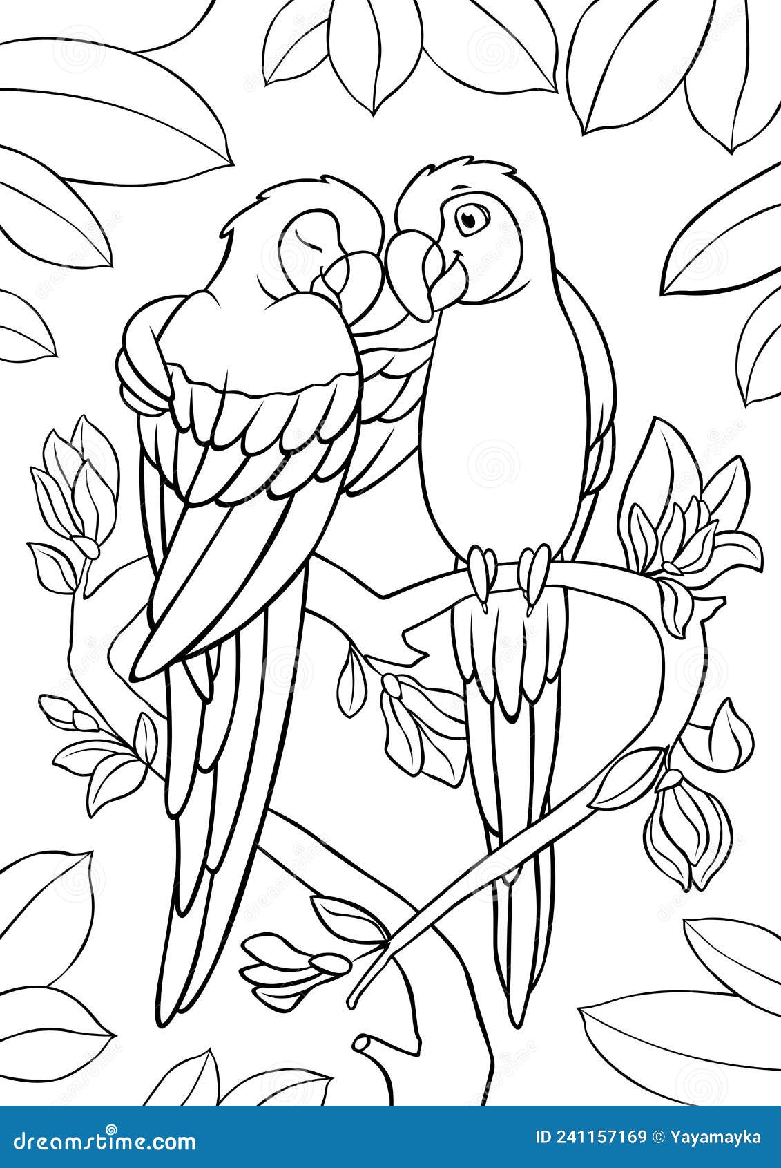 Coloring page two cute parrots red macaw sits and smiles they are in love stock vector
