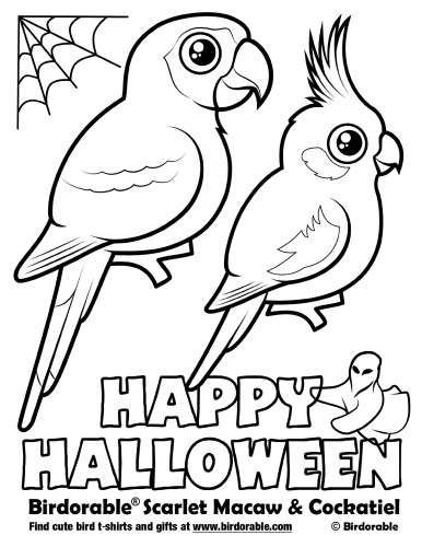 Halloween scarlet macaw and cockatiel coloring page by