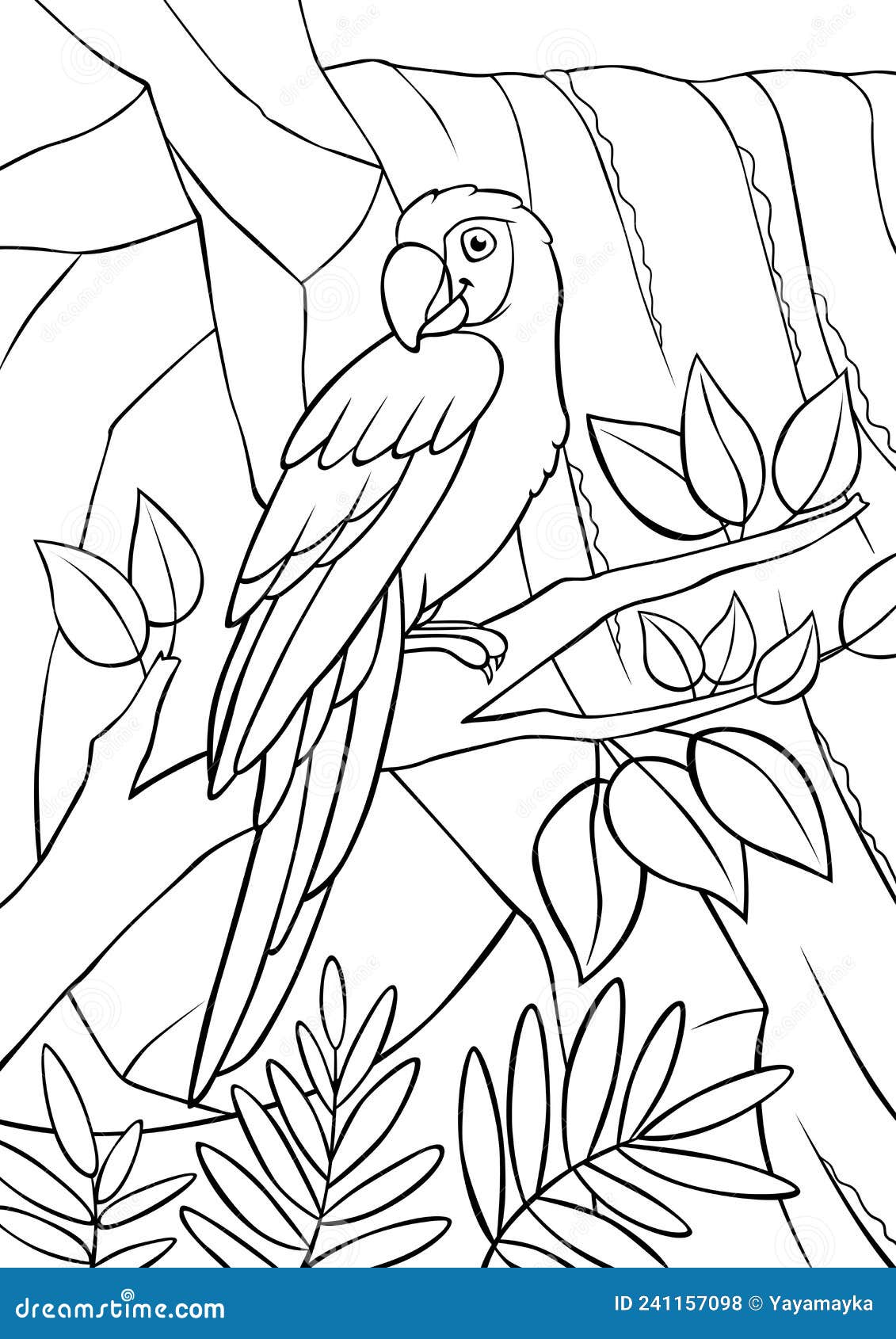 Coloring page cute parrot red macaw sits and smiles there is waterfall in the background stock vector