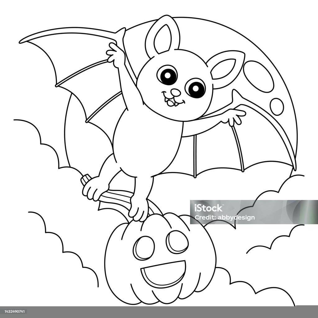 Flying bat halloween coloring page for kids stock illustration