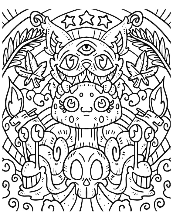 Cat mushroom coloring page digital download scary cat printable