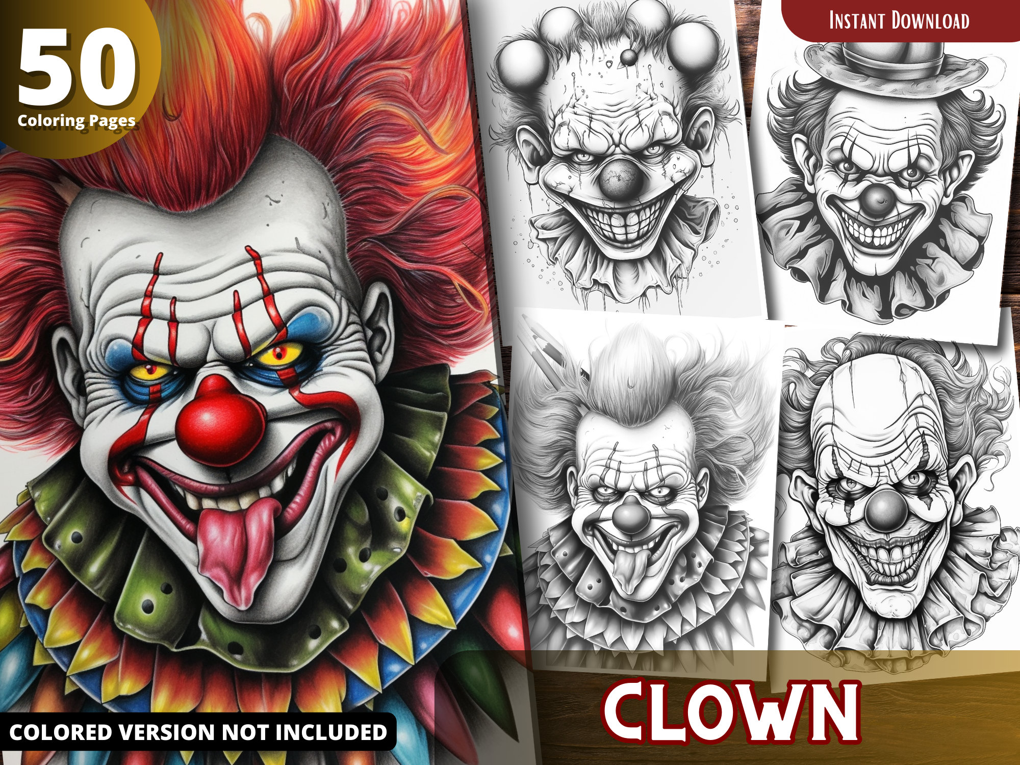 Creepy clown coloring pages for adults and for kids grayscale coloring book printable pdf