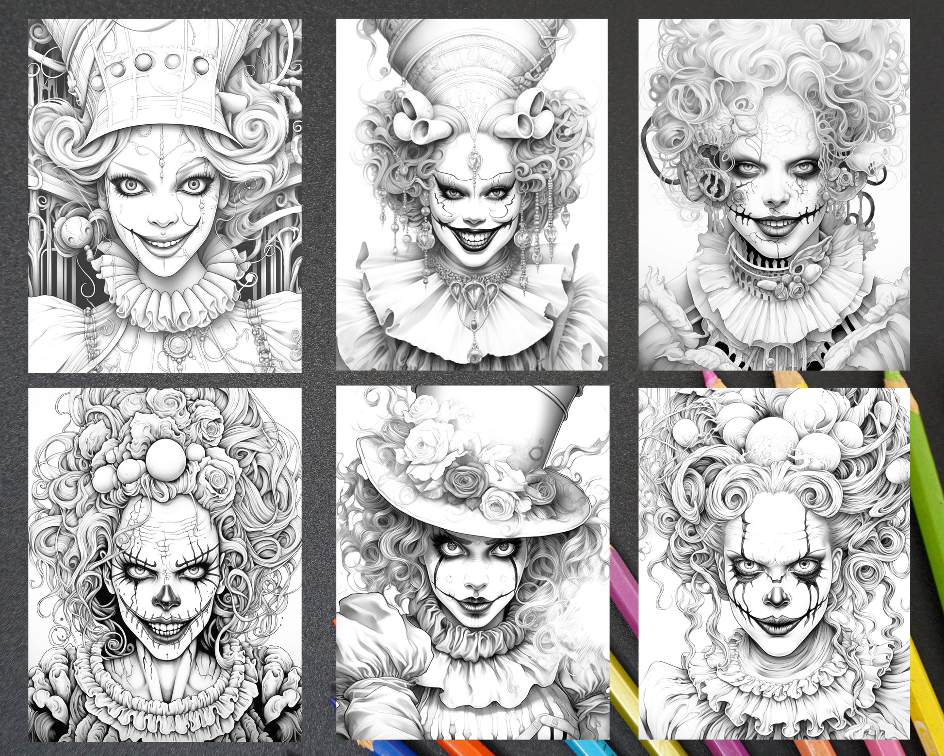 Scary clown girls grayscale coloring pages printable for adults pd â coloring