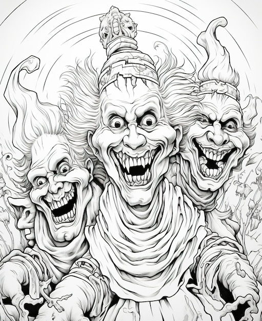 Premium ai image coloring page for adults scary and sarcastic clowns